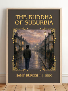 The Buddha of Suburbia Classic Book Art Print by Hanif Kureishi – framed print leaning on a wooden floor