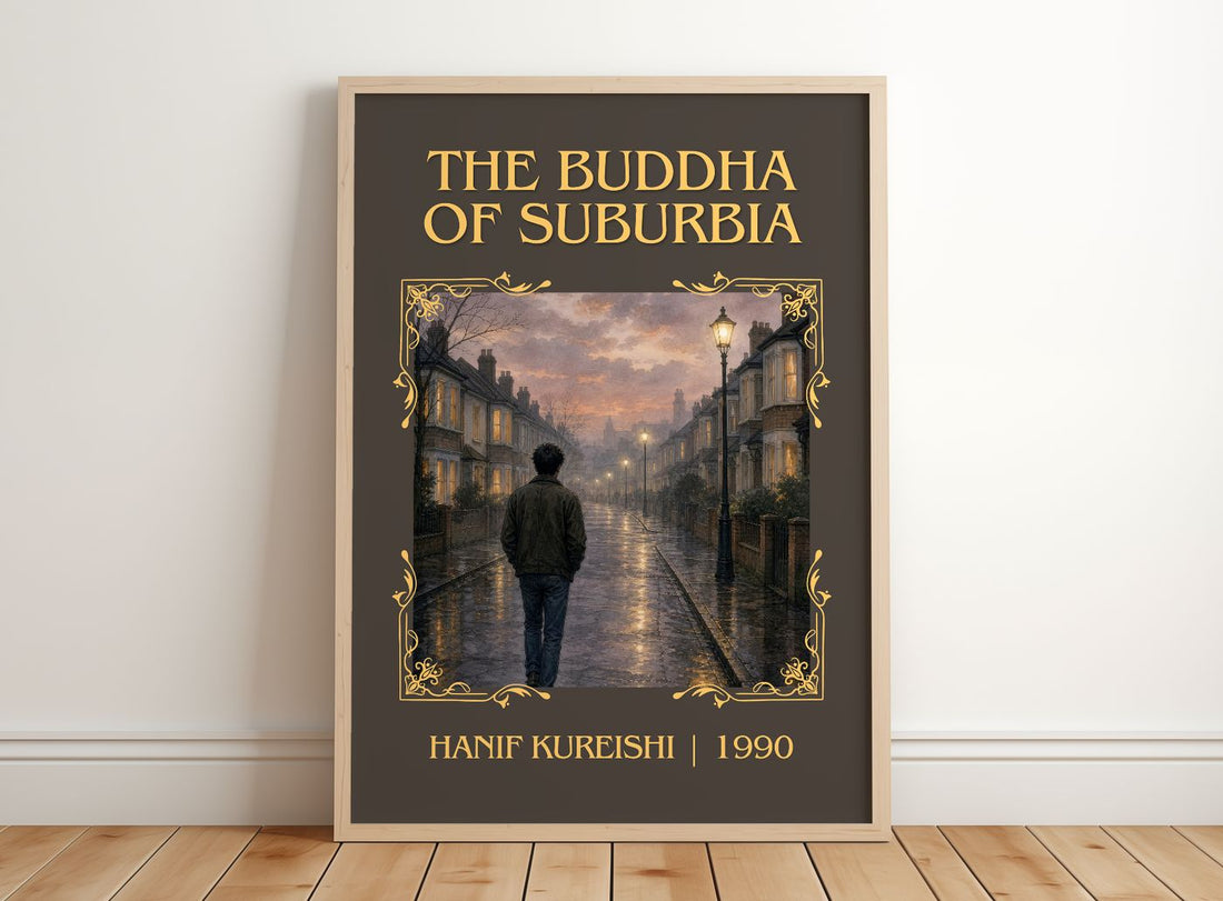 The Buddha of Suburbia Classic Book Art Print by Hanif Kureishi – framed print leaning on a wooden floor