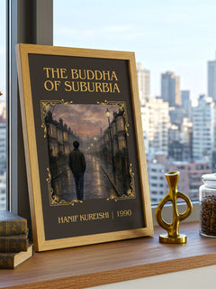 The Buddha of Suburbia Classic Book Art Print by Hanif Kureishi – framed print on a city-view windowsill