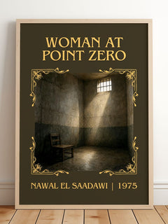Woman at Point Zero Classic Book Art Print by Nawal El Saadawi – framed print leaning on a wooden floor