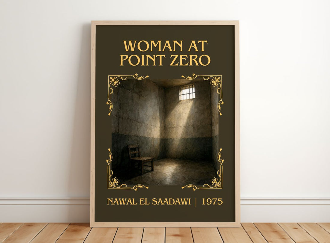 Woman at Point Zero Classic Book Art Print by Nawal El Saadawi – framed print leaning on a wooden floor