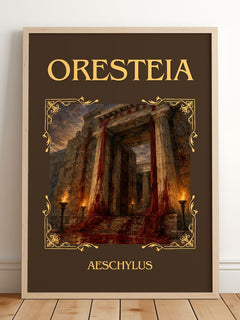 Oresteia Classic Book Art Print by Aeschylus – framed print leaning on a wooden floor