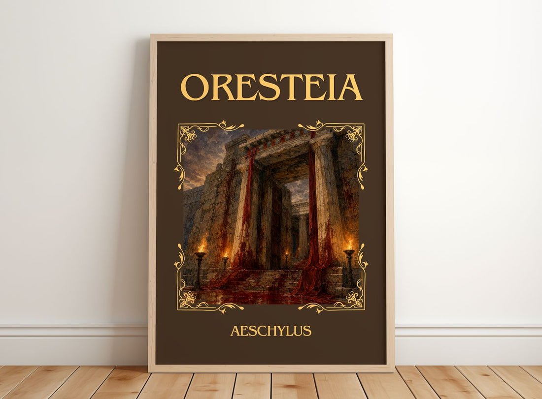 Oresteia Classic Book Art Print by Aeschylus – framed print leaning on a wooden floor