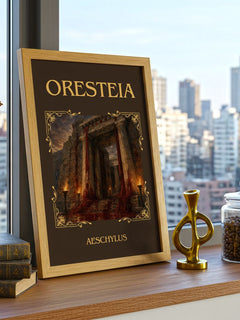 Oresteia Classic Book Art Print by Aeschylus – framed print on a city-view windowsill
