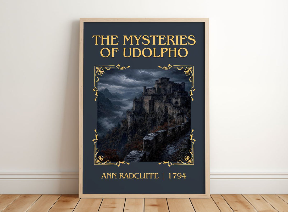 The Mysteries of Udolpho Classic Book Art Print by Ann Radcliffe – framed print leaning on a wooden floor