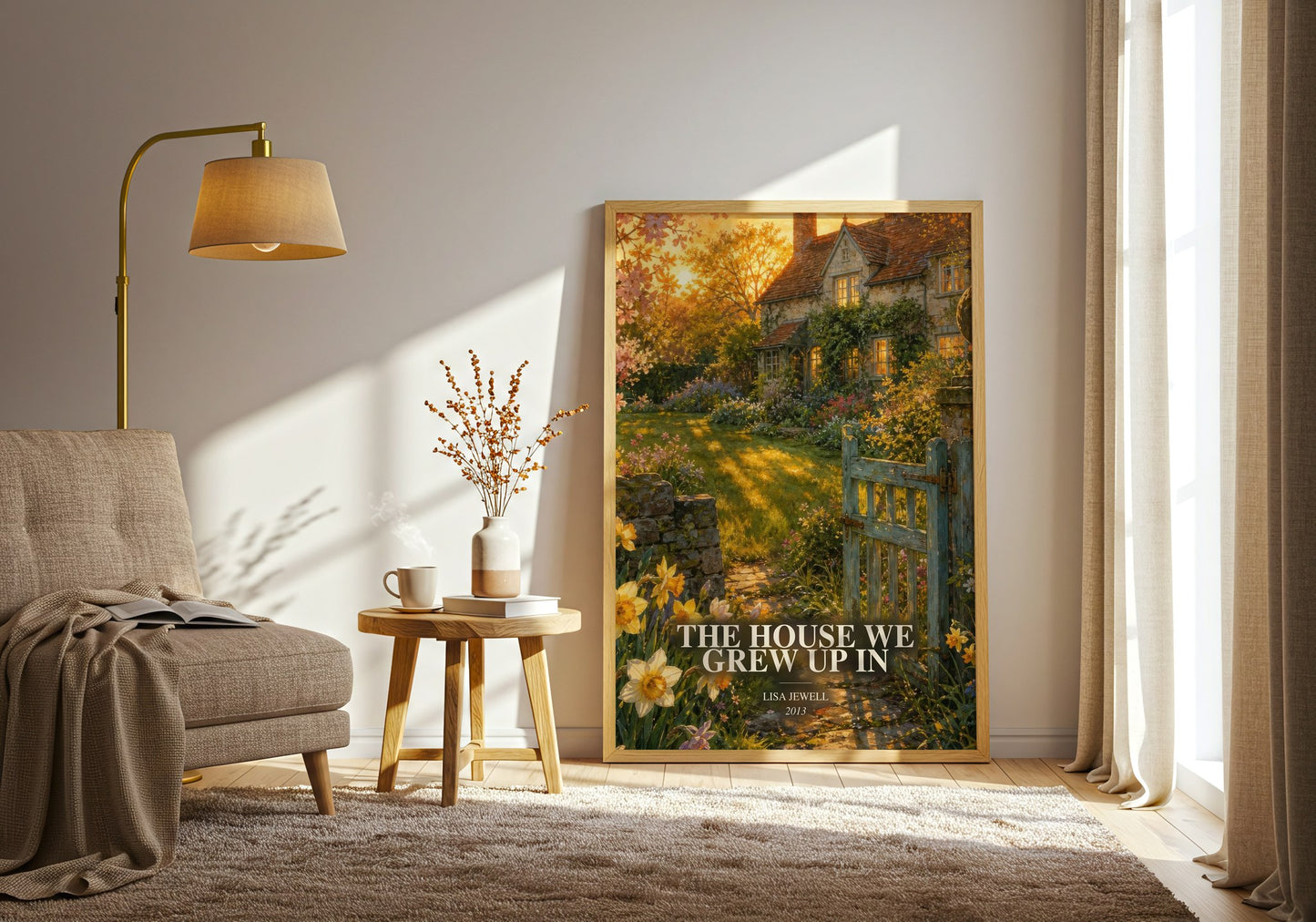 The House We Grew Up In watercolour print in frame leaning in hallway – contemporary fiction wall art