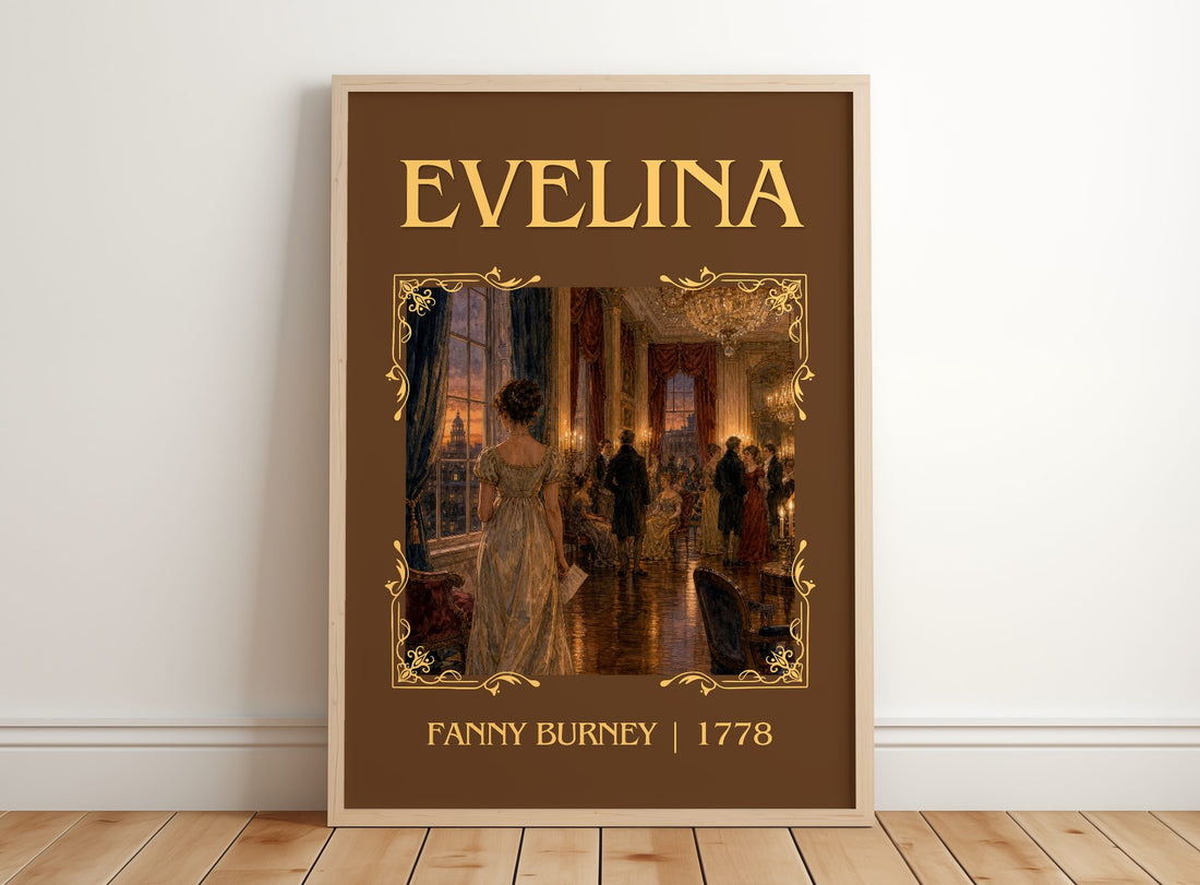 Evelina Classic Book Art Print by Fanny Burney – framed print leaning on a wooden floor