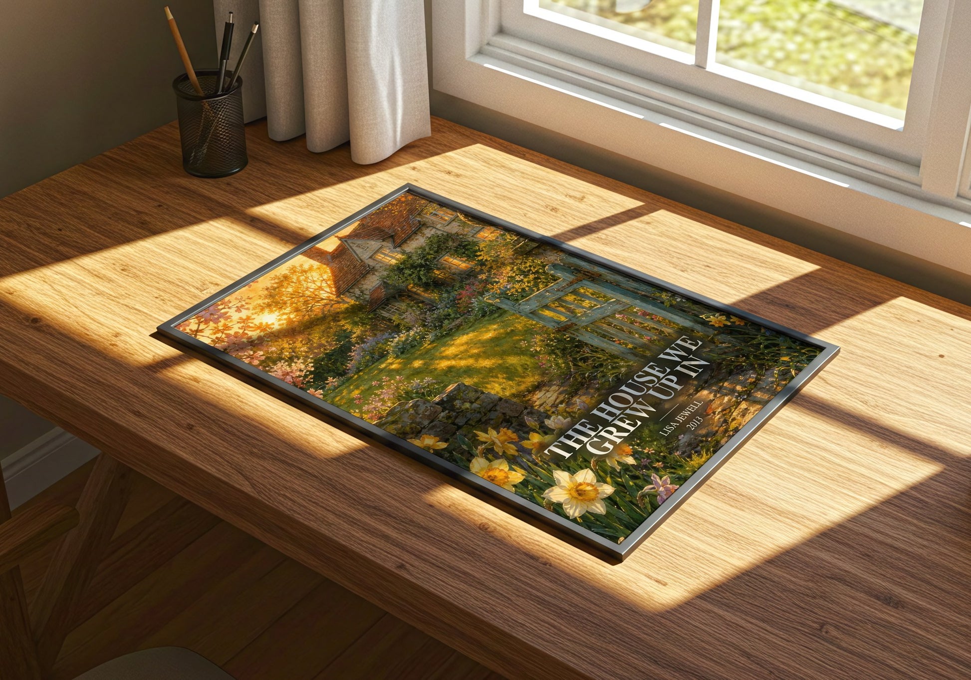 The House We Grew Up In watercolour book poster framed on wall – contemporary fiction wall art
