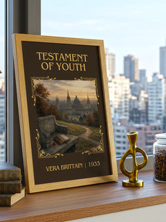 Testament Of Youth Classic Book Art Print by Vera Brittain – framed print on a city-view windowsill