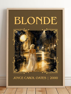 Blonde Classic Book Art Print by Joyce Carol Oates – framed print leaning on a wooden floor