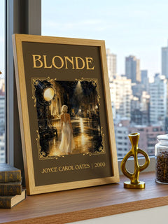 Blonde Classic Book Art Print by Joyce Carol Oates – framed print on a city-view windowsill