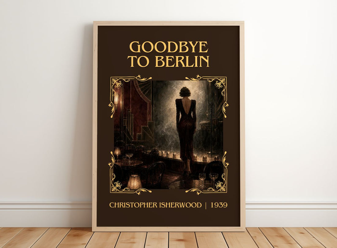 Goodbye to Berlin Classic Book Art Print by Christopher Isherwood – framed print leaning on a wooden floor