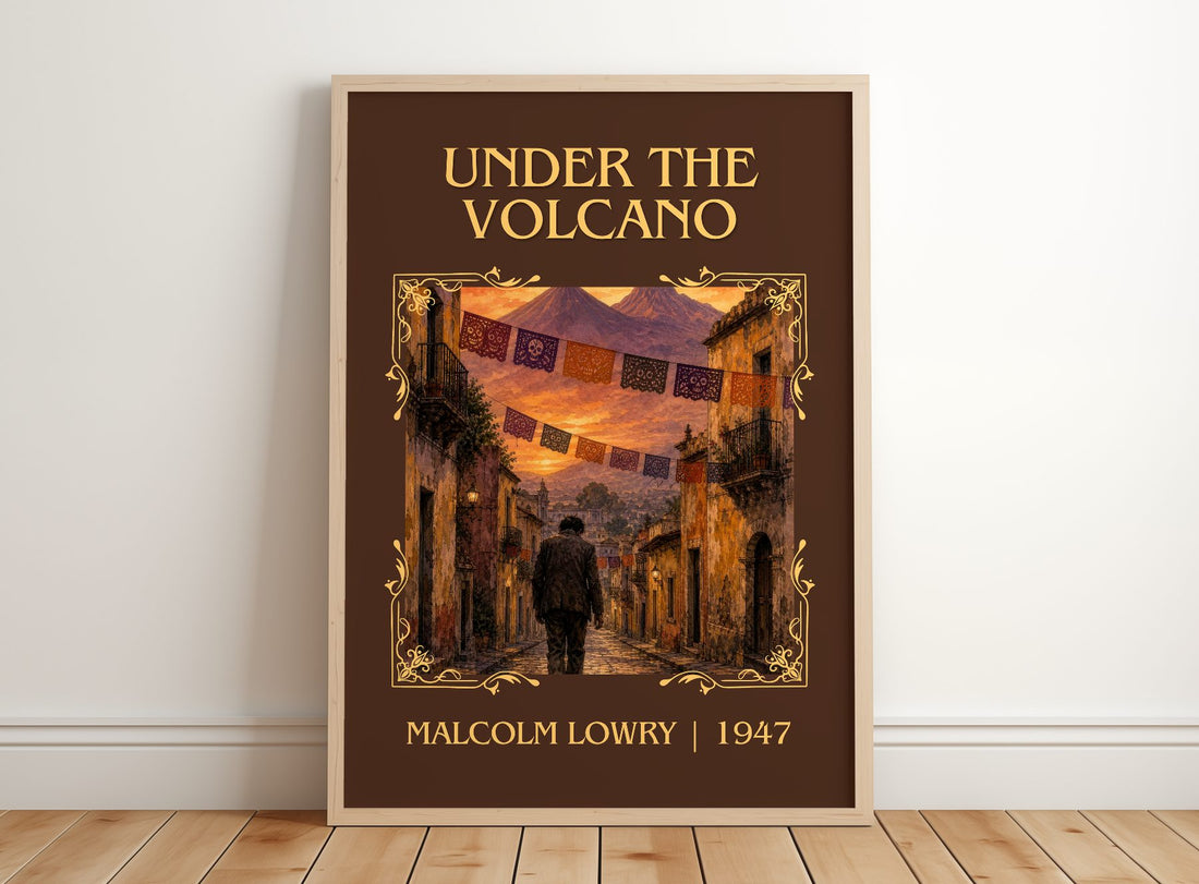 Under the Volcano Classic Book Art Print by Malcolm Lowry – framed print leaning on a wooden floor