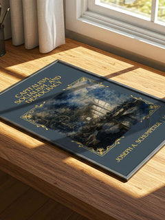 Capitalism, Socialism, and Democracy Classic Book Art Print by Joseph A. Schumpeter – print on a sunlit desk