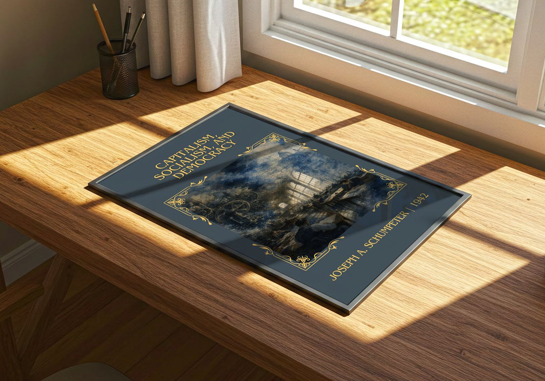 Capitalism, Socialism, and Democracy Classic Book Art Print by Joseph A. Schumpeter – print on a sunlit desk