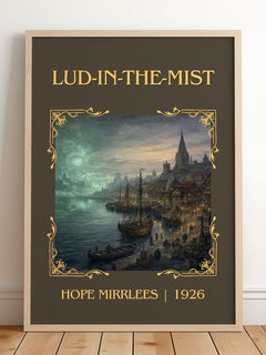 Lud-in-the-Mist Classic Book Art Print by Hope Mirrlees – framed print leaning on a wooden floor