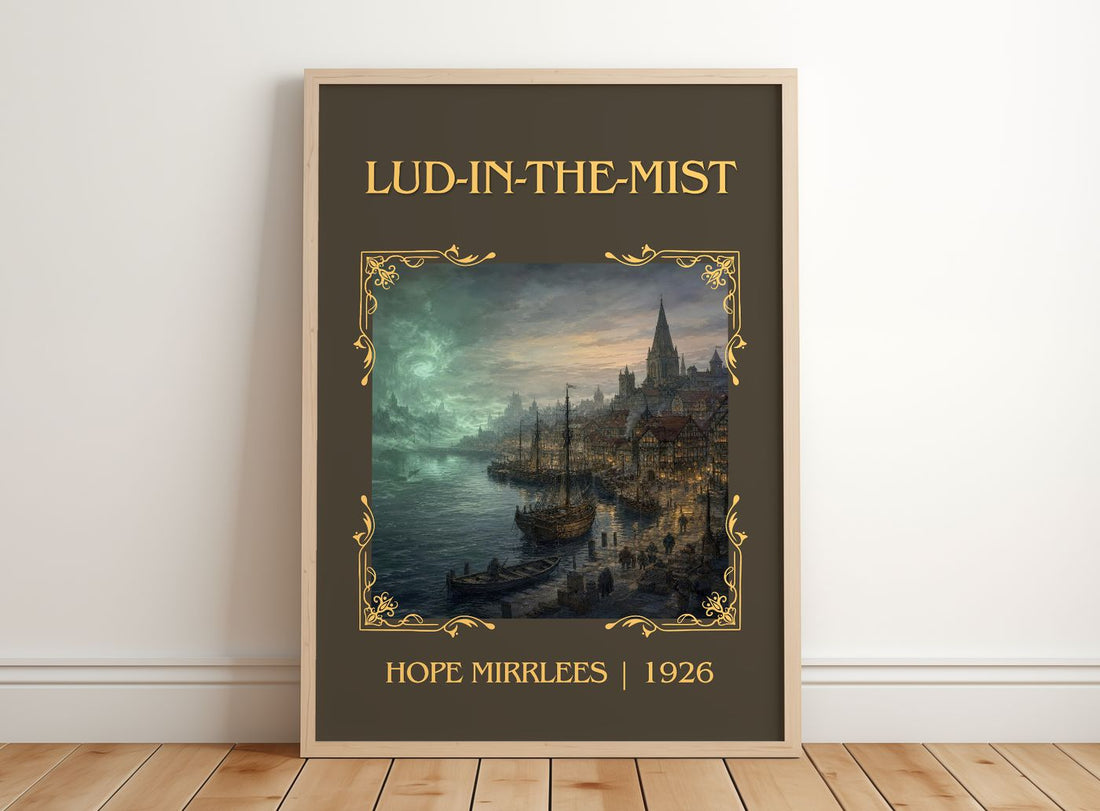 Lud-in-the-Mist Classic Book Art Print by Hope Mirrlees – framed print leaning on a wooden floor