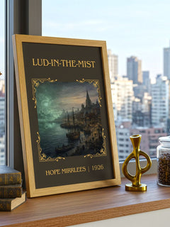 Lud-in-the-Mist Classic Book Art Print by Hope Mirrlees – framed print on a city-view windowsill
