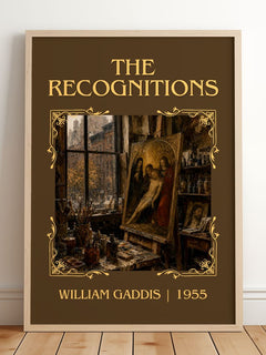 The Recognitions Classic Book Art Print by William Gaddis – framed print leaning on a wooden floor