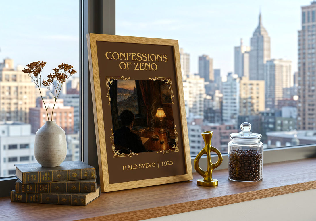 Confessions of Zeno Classic Book Art Print by Italo Svevo – framed print on a city-view windowsill