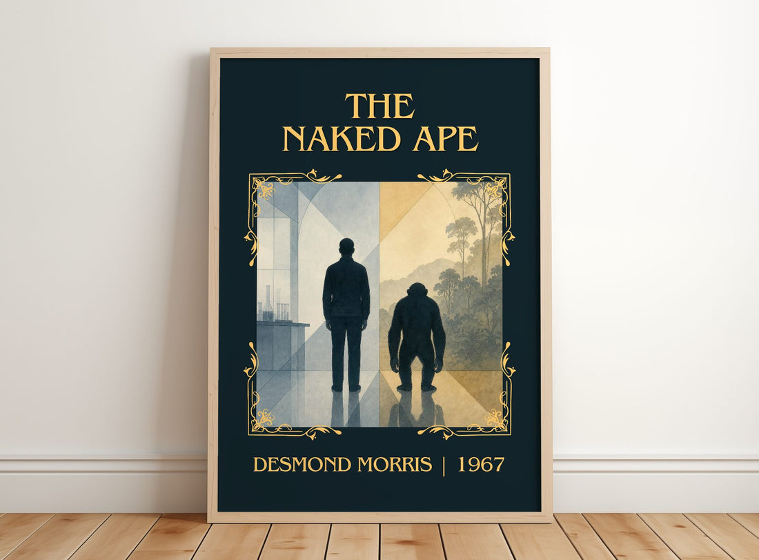The Naked Ape Classic Book Art Print by Desmond Morris – framed print leaning on a wooden floor