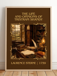 The Life And Opinions Of Tristram Shandy Classic Book Art Print by Laurence Sterne – framed print leaning on a wooden floor