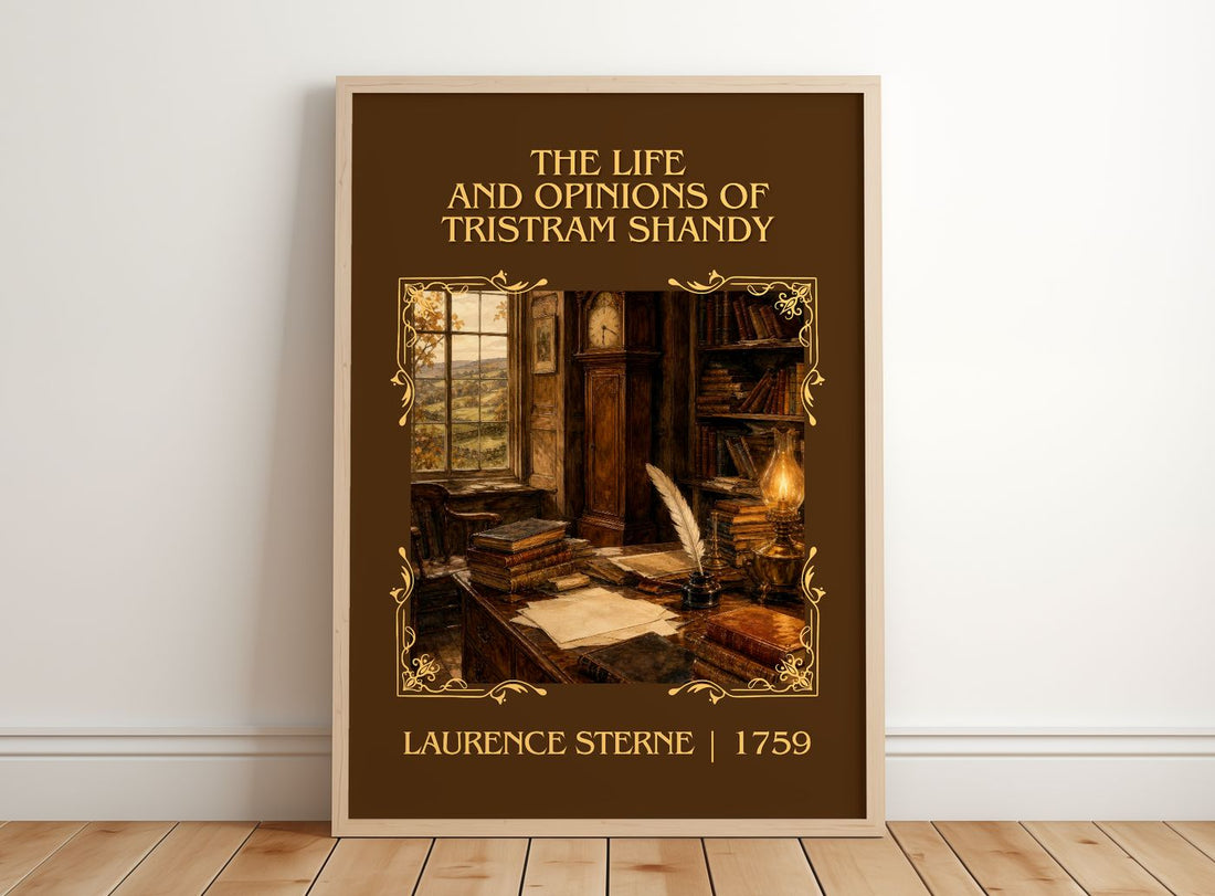 The Life And Opinions Of Tristram Shandy Classic Book Art Print by Laurence Sterne – framed print leaning on a wooden floor