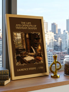 The Life And Opinions Of Tristram Shandy Classic Book Art Print by Laurence Sterne – framed print on a city-view windowsill