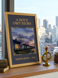 A Boy's Own Story Classic Book Art Print by Edmund White – framed print on a city-view windowsill
