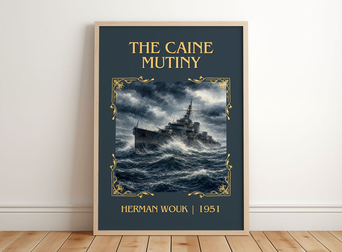 The Caine Mutiny Classic Book Art Print by Herman Wouk – framed print leaning on a wooden floor