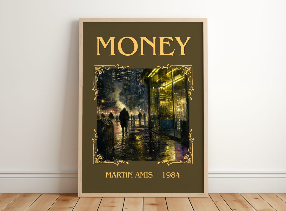 Money Classic Book Art Print by Martin Amis – framed print leaning on a wooden floor