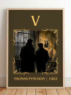 V Classic Book Art Print by Thomas Pynchon – framed print leaning on a wooden floor