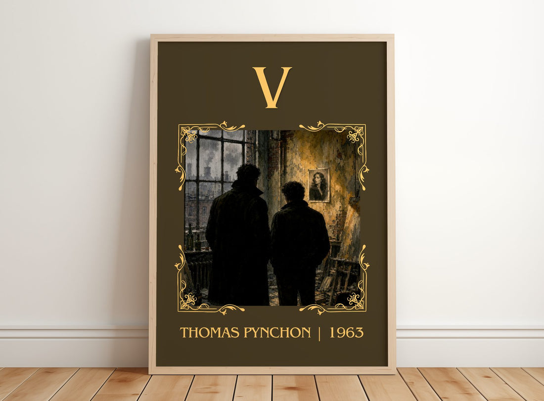 V Classic Book Art Print by Thomas Pynchon – framed print leaning on a wooden floor