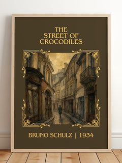 The Street of Crocodiles Classic Book Art Print by Bruno Schulz – framed print leaning on a wooden floor