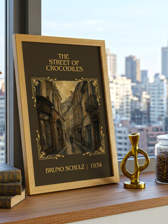 The Street of Crocodiles Classic Book Art Print by Bruno Schulz – framed print on a city-view windowsill