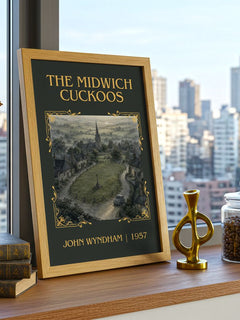 The Midwich Cuckoos Classic Book Art Print by John Wyndham – framed print on a city-view windowsill