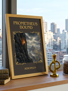 Prometheus Bound Classic Book Art Print by Aeschylus – framed print on a city-view windowsill