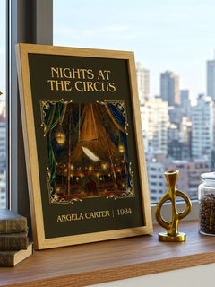 Nights At The Circus Classic Book Art Print by Angela Carter – framed print on a city-view windowsill