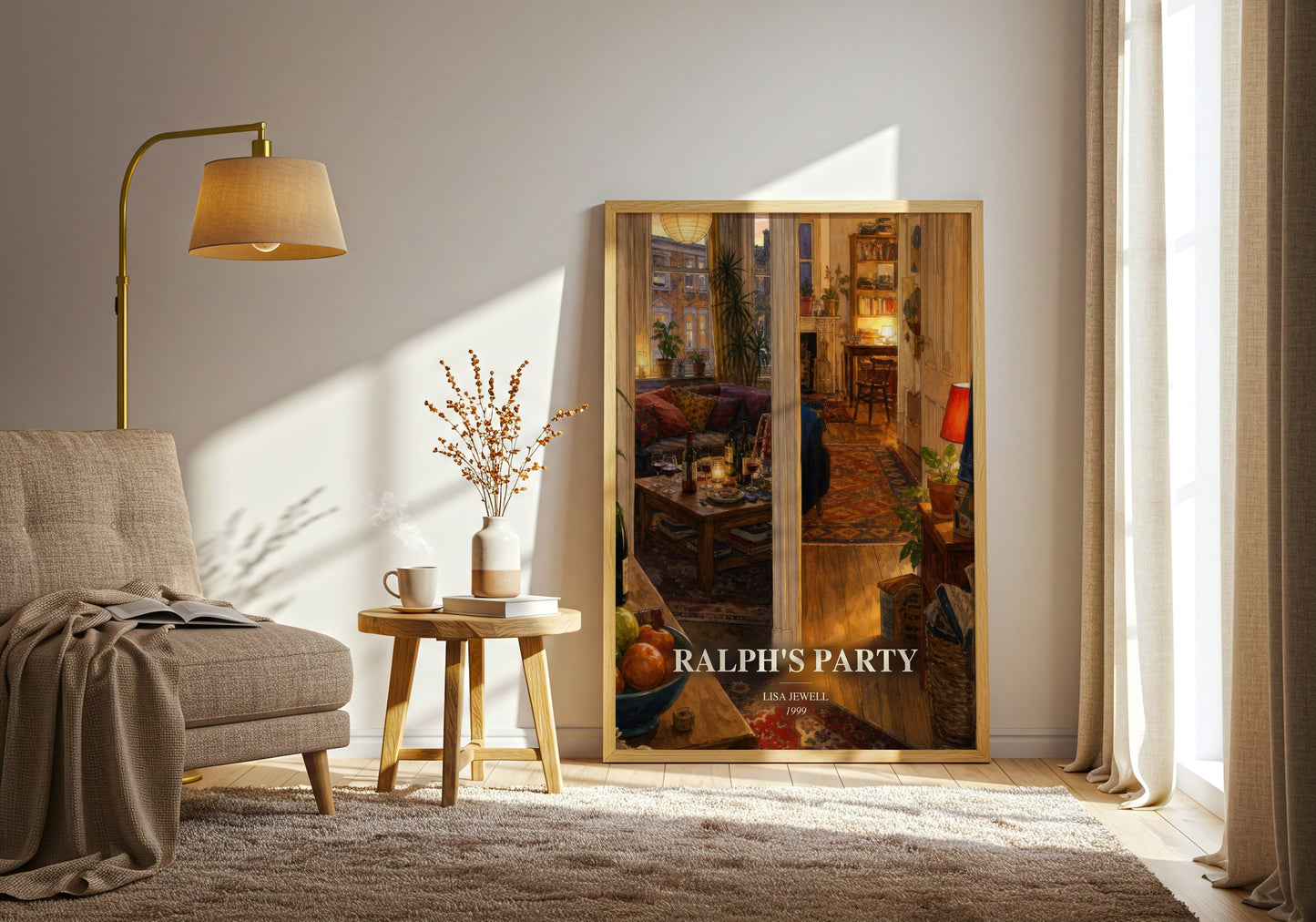 Ralph'S Party watercolour print in frame leaning in hallway – contemporary fiction wall art