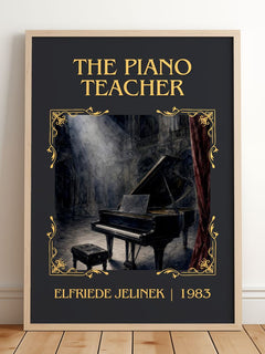 The Piano Teacher Classic Book Art Print by Elfriede Jelinek – framed print leaning on a wooden floor