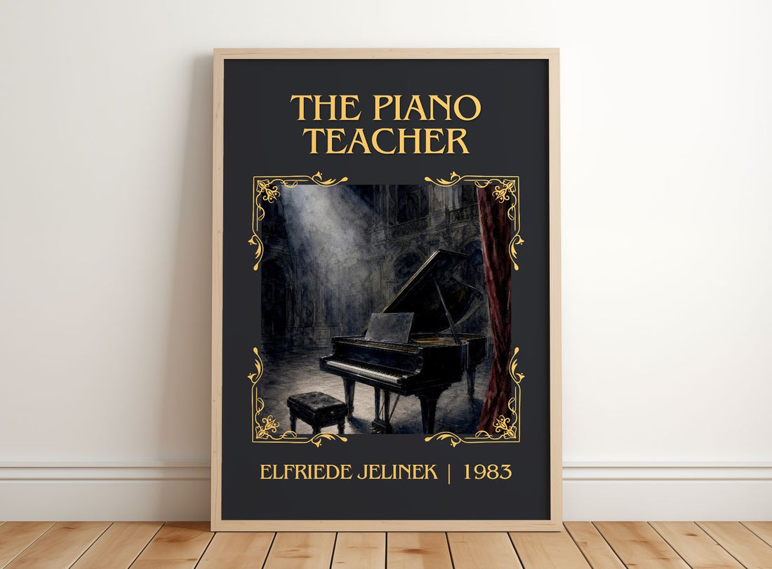 The Piano Teacher Classic Book Art Print by Elfriede Jelinek – framed print leaning on a wooden floor