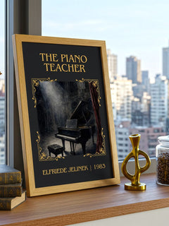 The Piano Teacher Classic Book Art Print by Elfriede Jelinek – framed print on a city-view windowsill