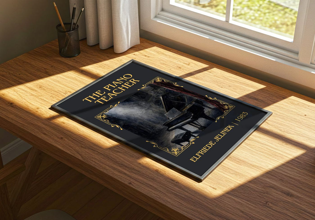The Piano Teacher Classic Book Art Print by Elfriede Jelinek – print on a sunlit desk