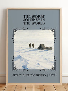 Worst Journey in the World Classic Book Art Print by A. Cherry-Garrard – framed print leaning on a wooden floor