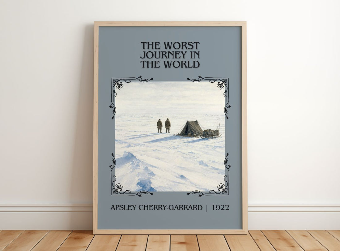 Worst Journey in the World Classic Book Art Print by A. Cherry-Garrard – framed print leaning on a wooden floor