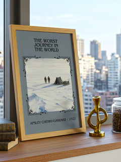 Worst Journey in the World Classic Book Art Print by A. Cherry-Garrard – framed print on a city-view windowsill