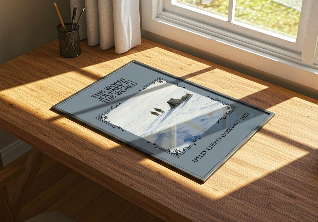 Worst Journey in the World Classic Book Art Print by A. Cherry-Garrard – print on a sunlit desk