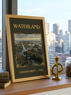 Waterland Classic Book Art Print by Graham Swift – framed print on a city-view windowsill