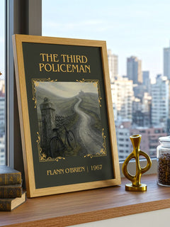 The Third Policeman Classic Book Art Print by Flann O'Brien – framed print on a city-view windowsill