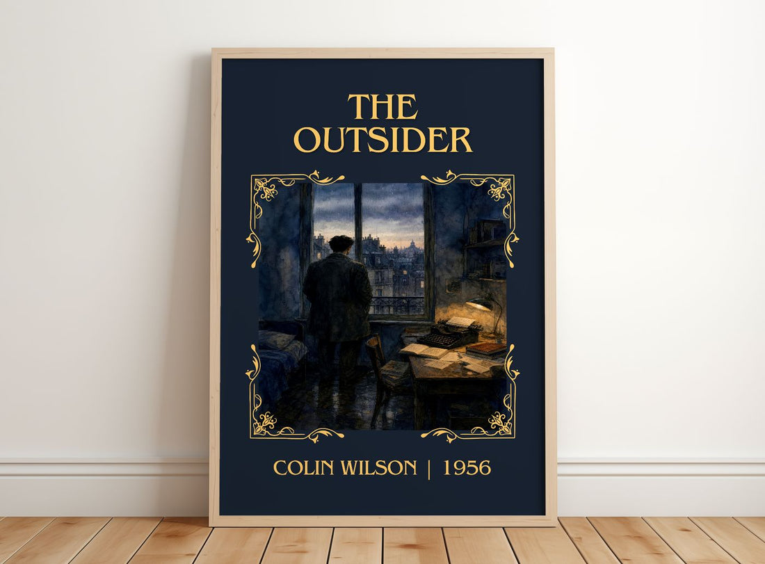 The Outsider Classic Book Art Print by Colin Wilson – framed print leaning on a wooden floor
